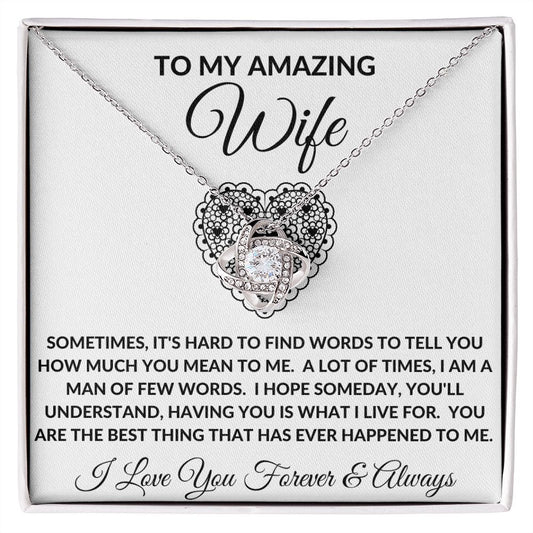 To My Amazing Wife | Love Knot Necklace | White Black Lace Heart Centre