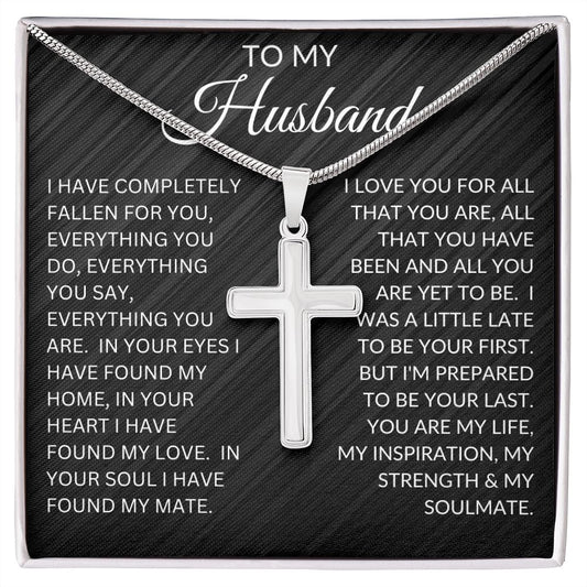 To My Husband | Cross Necklace | Fallen For You | Black Textured Background